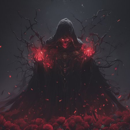 A cinematic shot of a evil demon witch casting magic, wearing black magical robe, casting red magic spells, surrounded by roses, dark atmosphere, hkhorror, hkmagic, masterpiece, best quality, highly detailed, sharp focus, dynamic lighting