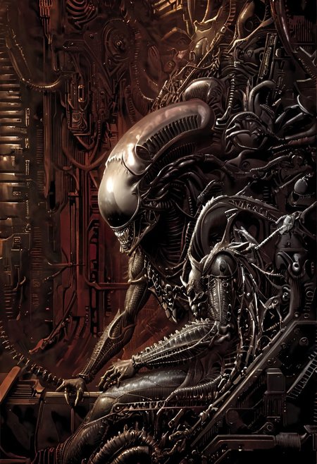An insanely Detailed Divine Xenomorph, Golden and silver in color, cyberpunk, a crimson tinge to the golden color, Hyperdetailed, Omnipresent, Beautiful, Sinister overtones, otherworldly,by HR Giger