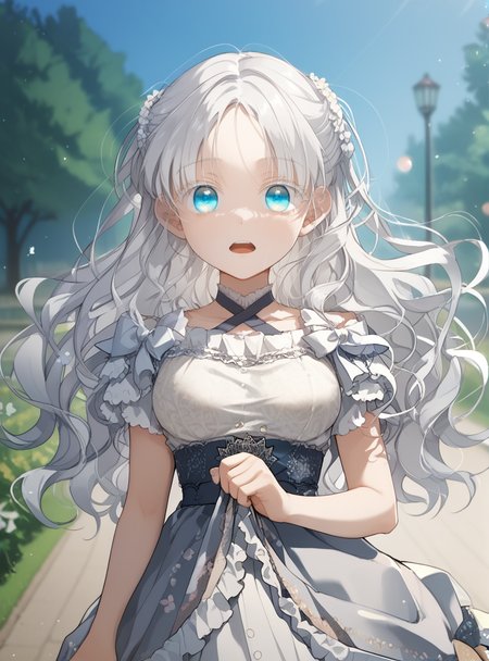 score_9_up, score_8_up, score_7_up, (Anime_source), 1girl,open mouth, in park , looking at viewer, facing viewer, dress, <lora:Aisha_Del_Elmir_-_Into_the_Light_Once_Again:1> aisha del elmir, 1girl, blue eyes, white hair, long hair, medium breasts, white eyeslash, parted bangs, grabbing clothes