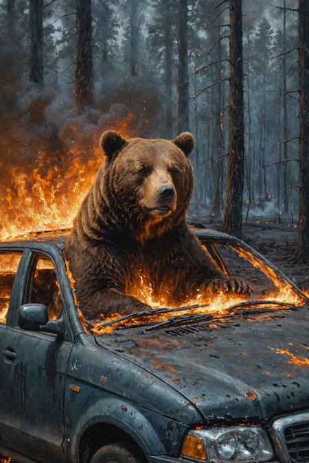 bear siting in burning car, sparks, dark forest, middle shot
(oil painting:0.1),
<lora:ClassipeintXL1.9:0.4> ,best quality, high resolution, extreme detail, outstanding composition, masterpiece,