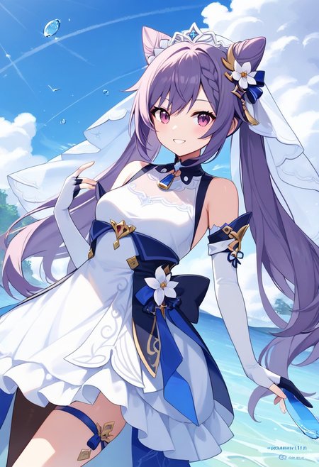 score_9, score_8_up, score_7_up, source_anime, best quality, masterpiece, 1girl, solo, smile. dutch angle, outdoors, sky,
keqingcs, purple hair, cone hair bun, purple eyes, long hair, double bun, braid, twintails, 
white veil, white dress, blue straps, pendant, white elbow gloves, fingerless gloves, thighlet, asymmetrical legwear