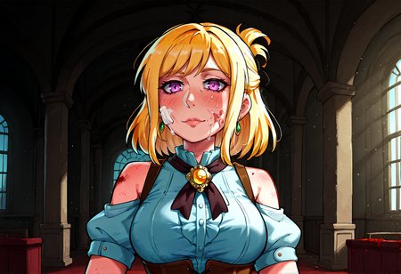 IllustriousQual, <lora:StS-Illustrious-Detail-Slider-v1.0:2> <lora:cfg_scale_boost:0.3> <lora:StS_Age_Slider_Illustrious_v1:3>,detailed_background,indoors,corset,breasts,shoulder cutout,sidelocks,ribbon,medium hair,looking at viewer,multiple girls,brown corset,blood on face,yellow brooch,highres,solo,shirt,gloves,short sleeves,earrings,blonde hair,1boy,grey gloves,bandaid on cheek,misumi uika,puffy short sleeves,bang dream!,facing to the side,short ponytail,2girls,half updo,bang dream! it&