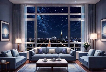 ((((front view)))), Shallow scene, ((animation style)), (((City high-rise building scenery))), ((((City scenery outside the window)))), ((sense of mystery)), (night), starry sky, moonlight, (weak light), (Facing the window), (open window), modern-style interior,  ((((sofa and coffee table by the window sill)))), Wooden floor, with white walls, (large windows), carpet, a living room, (((Sofa placed horizontally))), (Behind the sofa is the window sill),