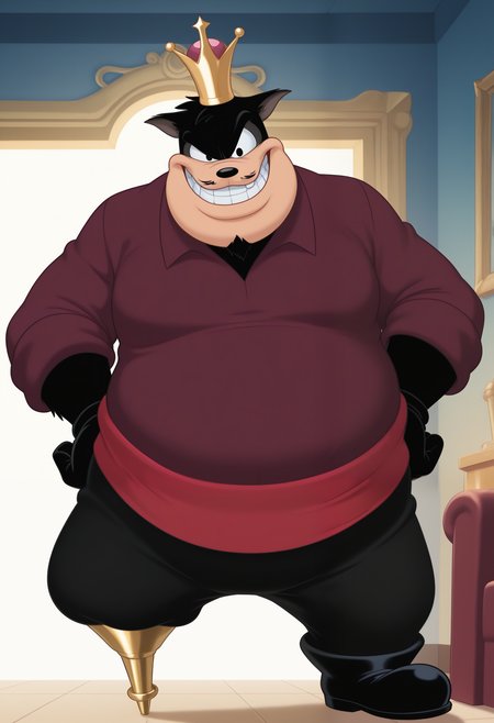 masterpiece,best quality,amazing quality,1boy, solo, p3t3, peg leg, furry male, black pants, facial hair, black boot, red sash, burgandy shirt, black gloves, crown, looking at viewer, grin, smirk,