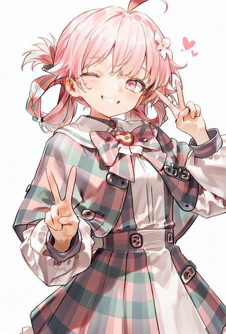 score_9, score_8_up, score_7_up, 1girl, <lora:Eleven:1>, pink hair, light pink eyes, ahoge, braided ponytail, hair rings, ribbon, checkered clothes, checkered skirt, pastel colors, smile, v, one eye closed, (white background:1.35), masterpiece, best quality, amazing quality, very aesthetic, absurdres, newest, scenery,  <lora:deal360acv illustrious 006:0.45>, <lora:dj_sloppa_ill_v2:0.2>, <lora:nyalia:0.35>
