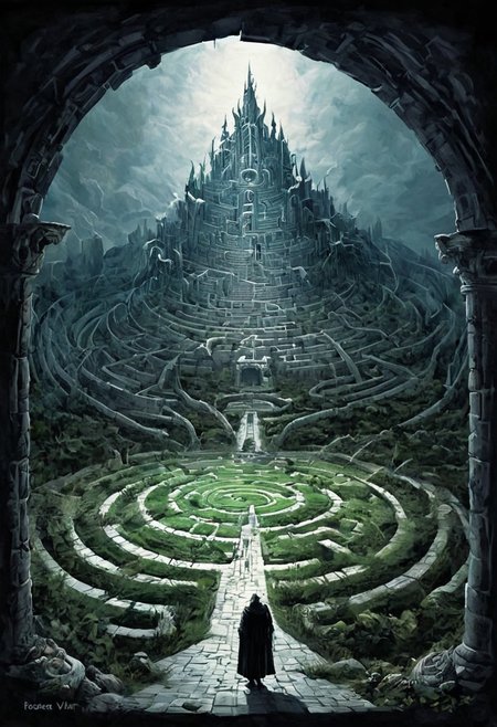 castle , A traveler contemplates a gigantic labyrinth made up of dozens of white, grass, medical towers.  labyrinth , evil villain ,darkness, fog, easter eggs, opposites