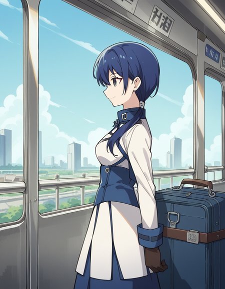 score_9, score_8_up, score_7_up, source_anime, <lora:grimgar-merry-s1-ponyxl-lora-nochekaiser:1>, merry, short hair, blue hair, black eyes, ponytail, low ponytail, side locks, medium breasts, gloves, pantyhose, uniform, long sleeves, white uniform, blue uniform,, train station, waiting for train, suitcase, traveling, commute, city skyline, hands behind back,, smile, , from side, solo,, cowboy shot, dutch angle