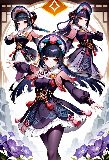 GSYunJin, long hair, breasts, black hair, hair ornament, red eyes, medium breasts, blue hair, braid, purple hair, multicolored hair, blunt bangs, twin braids, makeup, tassel, eyeshadow, hime cut, red eyeshadow,
long sleeves, dress, hat, pantyhose, frills, puffy sleeves, black dress, black pantyhose, fur trim, black headwear, capelet, frilled dress, multicolored clothes, puffy long sleeves, purple dress, pom pom (clothes), corset, fur collar, vision (genshin impact), purple headwear, bonnet, flower knot, purple pantyhose, black corset, pink capelet, multicolored headwear,
dynamic pose,