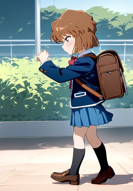 1girl, 
haibara ai, meitantei conan, 
black socks, blue eyes, bag, loafers, closed mouth, pleated skirt, white shirt, full body, blue jacket, backpack, socks, short hair, school uniform, from side, holding, blue skirt, shirt, red ribbon, school bag, shoes, blush, kneehighs, brown footwear, skirt, looking down, profile, blazer, child, solo, long sleeves, holding bag, walking, jacket, brown hair, ribbon, 
masterpiece, newest, absurdres, safe
 <lora:2080ti_ag31_haibara_ai-000011:1> <lora:a31_style_koni:1>