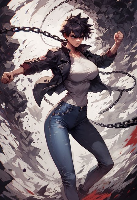 score_9, score_8_up, score_7_up, monochromatic ink, 1girl, determined, tomboy, black jacket, tight jeans, chain, fighting pose, dynamic background, slim, thin, large breasts, masterpiece, detailed face