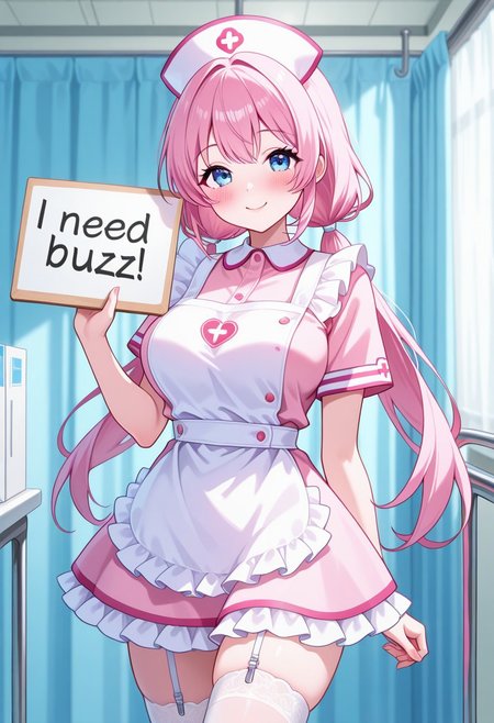 32k uhd, (masterpiece:1.2), (best quality:1.2), (very aesthetic:1.2), (absurdres:1.2), (detailed background),newest, 1girl, nurse cap, nurse dress, white apron, frilled dress, pink dress, pink shirt, pink skirt, white thighhigh, garter straps, garter belt, pink hair, low twintail ,long twintail, cowboy shot, no shoes, breast,  blue eyes, hospital, standing, looking at viewer, blush, smile,,need_buzz, holding sign