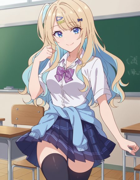 score_9, score_8_up, score_7_up, source_anime,
lunashirakawa, <lora:luna-shirakawa-s1-ponyxl-lora-nochekaiser:1>,
luna shirakawa, long hair, blue eyes, blonde hair, hair ornament, bow, multicolored hair, hairclip,
skirt, shirt, thighhighs, bow, school uniform, white shirt, pleated skirt, shoes, black thighhighs, bowtie, blue skirt, plaid, plaid skirt, loafers, purple bow, clothes around waist, gyaru, purple bowtie,
indoors, classroom, smile,
looking at viewer, dutch angle, cowboy shot,