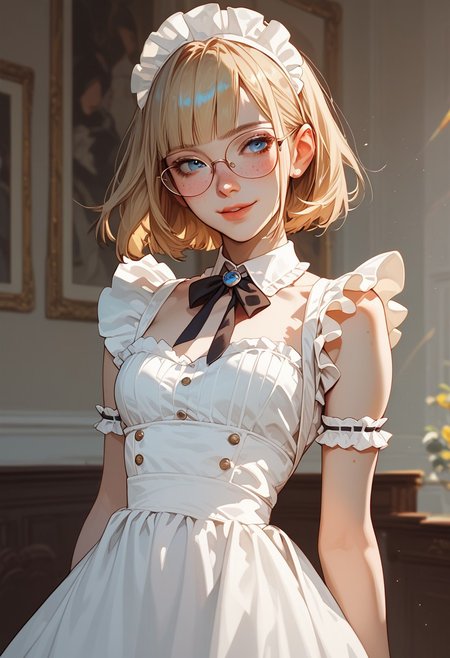 score_9, score_8_up, score_7_up, score_6_up, score_5_up, score_4_up, 1girl, (score_9, score_8_up:1.1), score_7_up,  short blonde hair,  blunt bangs, blue eyes, big squared eyeglasses, small breasts, slim, pale skin, freckles, standing, shy smile, closed lips, maid outfit , background masion
