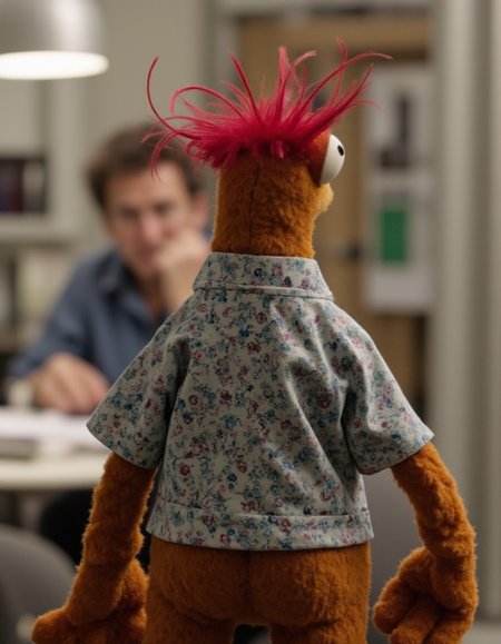 This is a photograph of Pepe King Prawn captured from behind. He has a round ass.<lora:pepe-king-prawn:0.8>  <lora:roundassv16_FLUX:1>