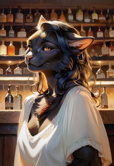 score_9, score_8_up, score_7_up, realistic, slender anthro female cat, (folded ears), golden eyes, black fur, furry, fluffy fur, cat taill, elegant dress, bar, furry hands,  smile ,watercolor \(medium\), traditional media, wavy black hair