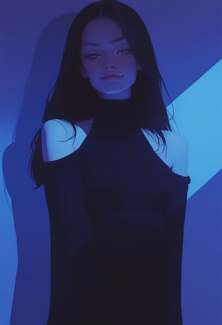 L1ghtm4k3r, 1girl, young woman, adult,solo, blue eyes, seductive, smirk, long hair, lips, shadow, bare shoulders, black hair, dramatic lighting, <lora:retro_scifi_artstyle_illustriousXL-000021:0.45> <lora:LightMaker-000008:1.11> <lora:0__11Xx:0.6>
