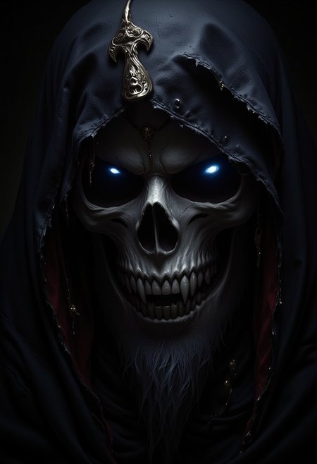 masterpiece, high detail, ArsMJStyle, dnddarkestfantasy, masterpiece, closeup portrait of death, skull with faintly glowing eyes, black hooded robes, scythe, chiascuro, dark background. highest definition, HD32K, wallpaper, hyperdetailed, concept art, extreme closeup