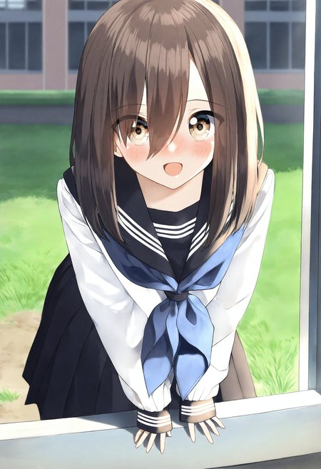 <lora:penta1_noob1.1-000139:0.9>,
1girl, skirt, sailor collar, pleated skirt, shirt, black sailor collar, solo, white shirt, serafuku, school uniform, black skirt, brown eyes, :d, hair between eyes, sleeves past wrists, long sleeves, smile, blush, neckerchief, outdoors, day, blue neckerchief, long hair, building, looking at viewer, nose blush, open mouth, window, puffy long sleeves, standing, brown hair, leaning forward, puffy sleeves, grass, eyes visible through hair,
masterpiece,best quality,newest,absurdres,highres,very awa,