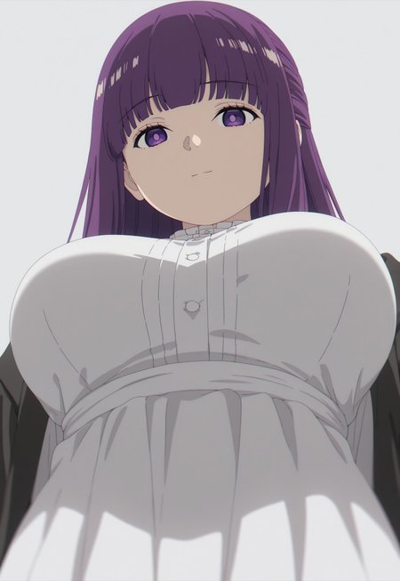 masterpiece, best quality, amazing quality, simple background, white background, white theme, 

f3rn, fern \(sousou no frieren\), long hair, purple hair, blunt bangs, sidelocks, straight hair, purple eyes, large breasts, white dress, black coat, 

1girl, upper body, from below, breast focus, looking down, looking at viewer, light smile, arms at sides