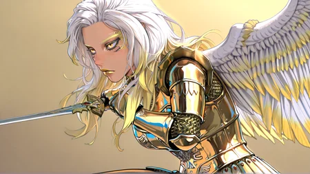 masterpiece, best quality, amazing quality, absurdres
1girl, solo, vasiy, uriel, angel, pointy ears, two tone hair, white hair, yellow hair, yellow eyes, yellow lipstick, tattoo, wings, long hair, gold armor, gold chainmail, war makeup, alone, holding sword, fighting stance, n0riuma_illu
<lora:n0riuma_style:0.8> <lora:Vasiy-Uriel_V2:1>