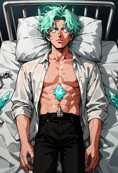 score_9, score_8_up, score_7_up, source_anime, 1boy, mature male, shirtless, dark pants, on back, medical bed, hospital background, holding a crystal, glowing veins, cracks, glowing eyes, from above,
 scientific, research station, iridescent crystal, quartz, eerie glow, 90s4n1m3,
d3t41l3d, perfectly composed, depth of field, zPDXL2,