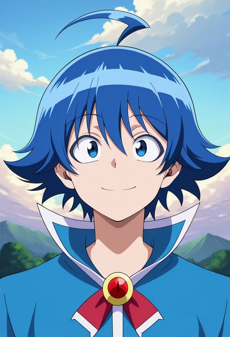 masterpiece,best quality,amazing quality, source_anime,
IrumaSuzuki, 1boy, male focus, solo, blue eyes, blue hair, ahoge, hair between eyes, school uniform, jacket, blue jacket, popped collar, brooch, bowtie, smile, portrait,
outdoor, sky, day, clouds,