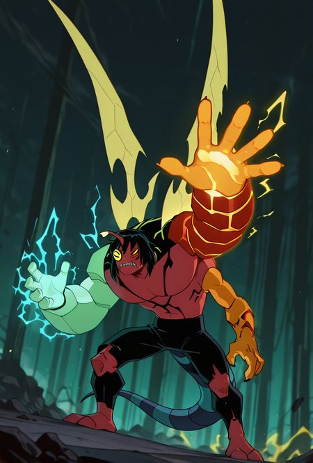<lora:kev11-06:1> kevin11, solo, male focus, yellow eyes, black hair, red skin, horn, sharp teeth, lime wings, blue tail, 4arms, top hands left green arm, top hands right magma red arm with yellow cracks, bottom hands orange arms, 2 orange arms, big arms,  dynamic pose, <lora:Crackling_Energy:1> cr4ckl3, geen electricity, yellow electricity, blue electricity, masterpiece, best quality, amazing quality, very aesthetic, absurdres, newest,