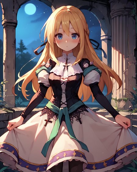 (score_9, score_8_up, score_7_up), source anime, indoors, forest, night, ruins, (night), stars, cosmos, <lora:backgroundsetXL:0.2> , background, woman ruins standing, female focus, blush, looking at viewer, <lora:HandFixer_pdxl_Incrs_v1:0.35> , handfixer, depth of field, highly detailed,(cowboy shot),  <lora:StS_detail_slider_v1PonyXL:1>, detailed, clutter, <lora:Manhwa-Artstyle__PonyXL__Shufflebox:0.15> , Manhwa-Artstyle, anime_source,   <lora:Yggdra:0.8> , yggdef, 1girl, blonde hair, long hair, blue eyes, hair ribbon, ascot, juliet sleeves, black sleeves, dress, cross-laced clothes, cross-laced dress, lace-trimmed dress, lace trim, corset, black pantyhose,