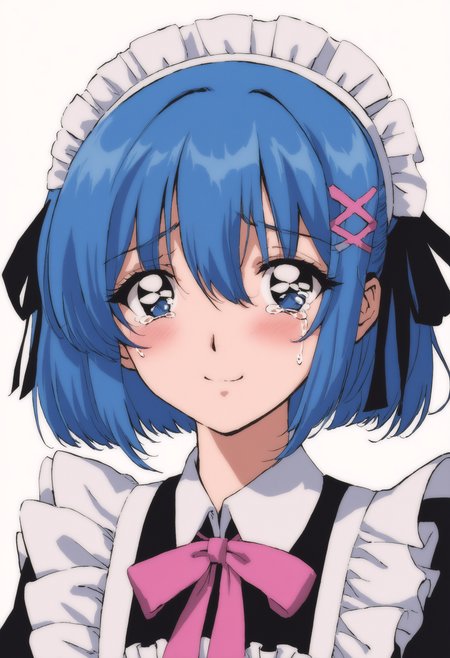 <lora:xl_1990 style(kohaku_delta)-000004:1>,1990 style,retro artstyle,1girl,solo,blue hair,blue eyes,short hair,tears,hair ornament,crying,blush,x hair ornament,ribbon,crying with eyes open,hair ribbon,looking at viewer,maid,eyebrows visible through hair,hair over one eye,bangs,closed mouth,black ribbon,maid headdress,white background,smile,hair between eyes,portrait,pink ribbon,frills,, masterpiece,highest quality,extremely detailed,best quality,