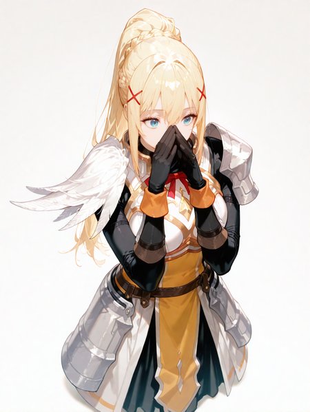 perfect quality,high quality,masterpiece,best quality,amazing quality,very aesthetic,absurdres,newest,
front view,full_shot,
DustinessCYQL,1girl,solo,blonde hair,long hair,ponytail,braid,hair between eyes,blue eyes,hair ornament,x hair ornament,armor,armored dress,shoulder armor,gloves,black gloves,breasts,dress,breastplate,
full body,standing,covering_face,,
lightgray background,simple background,
<lora:ponyv5_noobV065S_1_adamW-000013:0.7>,<lora:wl-illV1-000017:0.7>,<lora:zzziGnXL_il_lokr_V531:0.5>,<lora:USNR STYLE_XL_loha:0.45>,usnr,,<lora:lora-000004.by_tusi:1>,