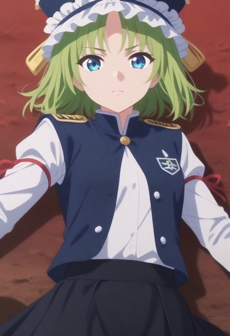 1girl, solo, solo focus, highres, absurdres, shikieiki, green hair, frilled hat, blue eyes, blue headwear, short hair, bangs,
long sleeves, black skirt, white shirt, blue vest, red ribbon, epaulettes, small breasts, arm ribbon, buttons, 
looking at viewer, lying, on back, 
spider lily, flower field, night sky, red sky, dark, red theme,