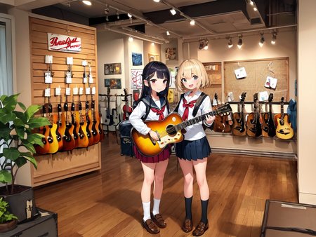 masterpiece, best quality, ultra-detailed, illustration,
(2girls:1.4), school uniform,  school bag,  smile ,
guitarshop, guitar, instrument, electric guitar, bass guitar, amplifier, gibson les paul, drum, acoustic guitar, speaker, wooden floor, indoors, 
 <lora:guitarshop:0.8>
