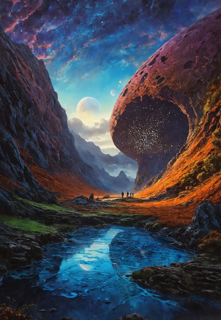 DB4RZ style painting dark art by Patrick McHale and Stephen Darbishire, Surreal cosmic scene, giant teardrop shaped planetary structure split open revealing colorful galaxy inside, small human figure for scale, barren alien landscape background, cosmic clouds in space above, vibrant colors transitioning from cool blues to warm oranges and pinks, highly detailed stellar formations, Streams of pure cobalt blue electron flow perfect one-dimensional channels of quantum conductivity, Perforated corten steel, polished micro-topping, and reclaimed chestnut,, Over the Garden Wall, dark fantasy, atmospheric storytelling, British landscape painting, Lake District scenes, atmospheric and moody landscapes
 (8k uhd:1,4)
 <lora:add-detail-xl:1>
 <lora:Dynamic Poses:1>