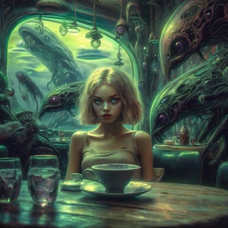 visiosomni girl in a cafe in the background of surreal dark creatures<lora:visiosomni:1>