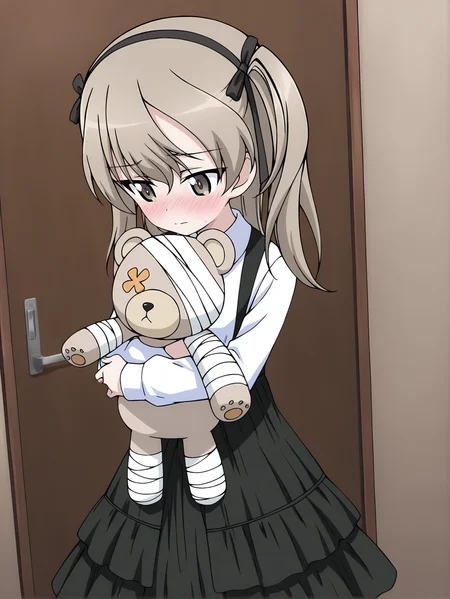 masterpiece,best quality,amazing quality, <lora:Shimada_Alice_Character:0.8>shimada_arisu, 1girl, solo, bangs, brown_eyes, eyebrows_visible_through_hair, hair_ribbon, light_brown_hair, long_hair, one_side_up, black_ribbon, black_bowtie, white_shirt, dress_shirt, long_sleeves, suspender_skirt, black_skirt, layered_skirt, pleated_skirt, striped_legwear, holding, standing, holding a peluche, shy, blushing