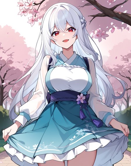 tang_xin, white hair, long hair, red eyes,  breasts, long sleeves, bangs, braid,traditional dress BREAK outdoors, park, cherry blossom trees  BREAK looking at viewer, sexy face, sexy smile, open mouth, cowboy shot, sexy pose, dynamic pose BREAK score_9, score_8_up, score_7_up, source_anime ,zPDXL, perfect hand,<lora:Tang_Xin:0.8>