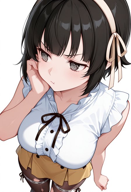 masterpiece,high quality details, ultra realistic, high detailed skin,absurdres,
hand on own cheek,
 <lora:Arisa_Kusagakure:0.8> arisa_cnr, 1girl,black hair, short hair, bangs, black eyes, large breasts, hairband,, simple background, white background, dynamic angle,solo,, pout,color drain,, uwu,, blouse,shirt ,torn pantyhose,  ,ribbon-trimmed legwear,