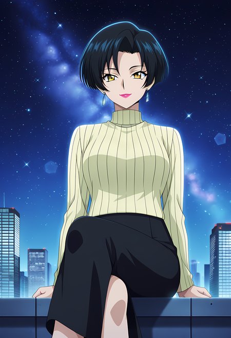 masterpiece,best quality,amazing quality,

1girl, solo,

Soukawa Haruka (Cardfight Vanguard), short hair, black hair, yellow eyes, lipstick, makeup, earrings, jewelry, yellow sweater, turtleneck,  long sleeves, long black skirt,

Smile, looking at viewer, 

cinematic, cross legs, crossing legs, 

Outdoors, On top skyscraper, sci-fi city, star (sky), 

Lens flare, bloom,

Official style, anime screencap, anime coloring,














