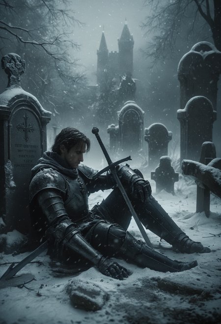 somber and cinematic scene, a fallen knight resting and lying down against a gravestone in a snow-covered graveyard, the knight clad in full armor, grips a sword with hand, the blade buried in the snow, Snowflakes gently fall around him, melancholic atmosphere, background is a dark gothic castle looms that obscured by the swirling snow and mist, haunting beauty of a warrior's final rest, <lora:- SDXL - vanta-black_contrast_V3.0:0.5>, <lora:NicolaSamori:0.6>, <lora:MJ52:0.3>, <lora:ral-ertmsphr:0.8>