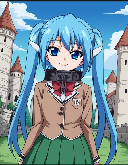 score_9, score_8_up, score_7_up, source_anime, <lora:otoshimono-nymph-s2-ponyxl-lora-nochekaiser:1>, nymph, long hair, blue eyes, twintails, blue hair, collar, chain,, school uniform, skirt, green skirt, pleated skirt, red bowtie, blazer, brown blazer,, castle, stone, towers, medieval, royalty, smile, <lora:seductive-smile-ponyxl-lora-nochekaiser:1>, seductive smile, come hither, naughty face,, looking at viewer, solo,, dutch angle, cowboy shot