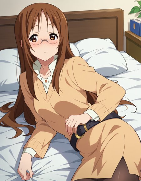 score_9, score_8_up, score_7_up, source_anime,
sawakoyamanaka, <lora:sawako-yyamanaka-s2-ponyxl-lora-nochekaiser:1>,
sawako yamanaka, brown eyes, brown hair, glasses, long hair,
belt, official style, pantyhose, teacher, dress, light brown dress, skirt, pencil skirt,
indoors, bed, bed room, on side, blush, drunk,
looking at viewer, dutch angle, cowboy shot,