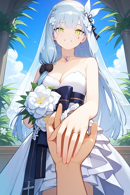 score_9, score_8_up, score_7_up , source_anime ,masterpiece, best quality, perfect anatomy , very aesthetic ,BRAKE
1girl, girls'_frontline, hk416_(girls'_frontline), solo, green eyes, hair accessory, 
standing, wedding dress, wedding ring, white wedding dress, happy, happy smile, tears of joy, 
floral background, outside, bridal scene, looking at viewer, 
<lora:hk416.pony:1> hk416, anni,
 <lora:proposal_XL_v1:1> proposal, jewelry, ring, pov, solo focus, pov hands, holding hands,