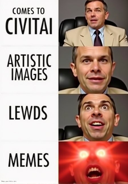 image is a grid with four rows and two columns , first cell of first row contains text "Comes to Civitai" written with black letters on flat white background , second cell of first row contains a photo of intrigued curious man wearing beige suit sitting on black leather chair , first cell of second row contains text "Artistic images" written with black letters on flat white background , second cell of second row contains a photo of surprised smiling man with parted lips wearing beige suit sitting on black leather chair , first cell of third row contains text "Lewds" written with black letters on flat white background , second cell of third row contains a photo of man with open mouth and head thrown back wearing beige suit sitting on black leather chair , first cell of fourth row contains text "Memes" written with black letters on flat white background , second cell of fourth row contains a photo of delirious man looking at viewer with open mouth and wide opened eyes wearing beige suit sitting on black leather chair and his eyes emitting intense red light in all directions