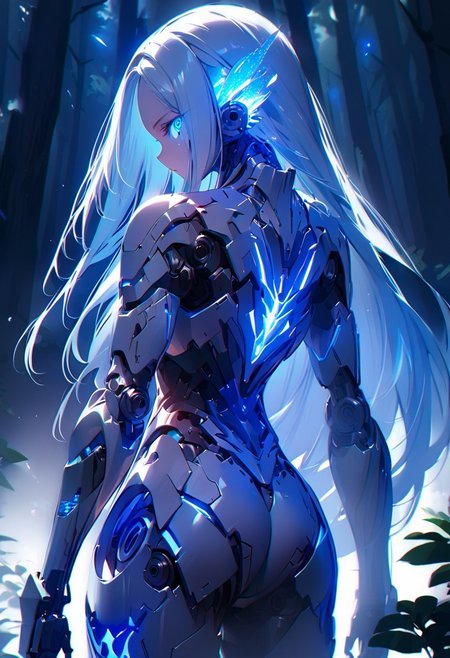 ((masterpiece), (best quality), (ultra-detailed), 
illustration, 3DMM,
1woman, deep blue eyes, blue hair , very long hair, forehead, black footwear, high heels, standing, looking at viewer, trees,  night sky, stars, forest, futuristic,  hand prosthesis, scifi , lrg prosthesis, glossy, armor, cyborg,  perfect body, silver and blue glow,  mechanical joints, from back, chiaroscuro shading, extra detailed eyes, perfect eyes, back, 
  prostheses, cyber prostheses, glowing hair, detailed face, blue particle, upper body, face focus,)
