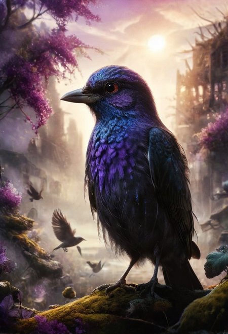 ral-apoctvisn, dark, chiaroscuro, low-key, breathtaking masterpiece showcasing a gorgeous little bird, Violet-crowned nymph,  bathed in soft, golden morning light, surrounded by vibrant bokeh balls that frame its delicate form. The image will be rendered in sharp detail, capturing every feather and intricate feature of the bird with stunning clarity. The soft, diffused lighting will enhance the warmth and radiance of its plumage, while high-quality bokeh adds a magical touch to the scene. Multiple image exposures will be expertly combined to emphasize the bird's vibrant colors and captivating gaze, resulting in a lifelike portrayal of tranquil beauty.
The artwork will feature shimmering digital colors in a mixed media style on textured paper, creating an overlapping, asymmetrical, abstract composition bursting with vibrant hues. Every inch of the image will be filled with intricate details, from the feathers of the nymph to the surrounding environment, all depicted in extreme detail. The wide range of colors will add depth and richness to the scene, with soft shadows and low saturation tones creating a serene yet evocative atmosphere.
With insane quality, resolution, and details, the final image will be a true masterpiece of nature photography, showcasing dramatic, dynamic, and cinematic elements. The sharp details will bring the scene to life, immersing viewers in the beauty and wonder of the Violet-crowned nymph in a way that is both breathtaking and captivating.