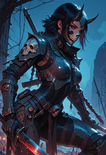 (masterpiece), (best quality), (8k), 1girl, cinematic lighting, dynamic action pose, highres, very detailed, amazing quality, masterpiece,
very aesthetic, intense,
particle effect,
1girl, samurai, solo, braided hair, layered samurai armor, bodysuit, tight clothing, fishnets, sleeveless, futuristic armor, runic symbols etched in armor, armored legs, full mask, halfmask, katana, red eyes, skulls, 
assassin theme, japan theme,
looking at viewer, tough pose, holding spear,
mountains, 
at night, night, close up, closeup,