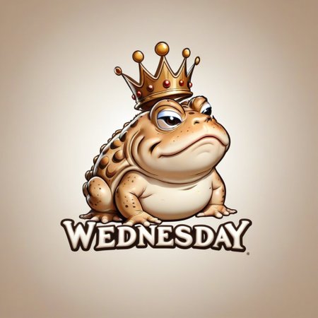 <lora:Web_Cartoon:0.8>, "WEDNESDAY" text logo, grumpy big (round) toad in crown, 3d text, outline, professional graphics, vector art, simple background, <lora:dvr-ftl:0.8>,