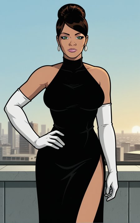 score_9, score_8_up, score_7_up, contrapposto, hand on hip, sunset, sidelighting, cityscape, vanishing point, outdoors, depth of field, solo, looking at viewer,   <lora:PONYXL_Archer_LanaKane_ownwaifu:0.8>, source_cartoon, BREAK BlackDress_LanaKane_ownwaifu, 1girl, bare shoulders, brown hair, dark skin, dark-skinned female, earrings, green eyes, hair bun, halterneck, jewelry, lips, lipstick, makeup, single hair bun, sleeveless, short hair, nose, turtleneck, black dress, elbow gloves, white gloves, large breasts, eyeshadow, sleeveless turtleneck, no bra, mature female, side slit, long dress, evening gown, <lora:Expressive_H:0.15> <lora:add-detail-xl:0.15>,