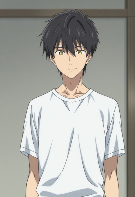 masterpiece,best quality,amazing quality, source_anime, 
KurouSakuragawa, 1boy, male focus, solo, yellow eyes, black hair, t-shirt, smile,