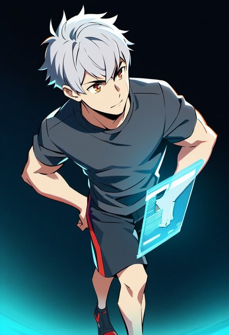 cartoon art style, adult, no shoes on, ((masterpiece)), ((best quality)), ((ultra-detailed)), score_9_up, score_8_up, score_7_up, HD, top quality, best quality, High-quality illustrations, anime screencap, masterpiece, best quality, amazing quality, (Cartoony), thick outlines, 1boy, BREAK man male guy, platinum hair, short hair, messy hair, curly hair, dark side fade hair, dark side cut hair, robotic orange eyes, holographic eyes, defined chin, chiseled face, athletic slim body, light skin tone, black shorts, plain silver gray shirt, standing, BREAK simple blank background